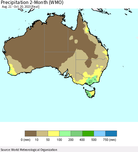 Australia Precipitation 2-Month (WMO) Thematic Map For 8/21/2023 - 10/20/2023