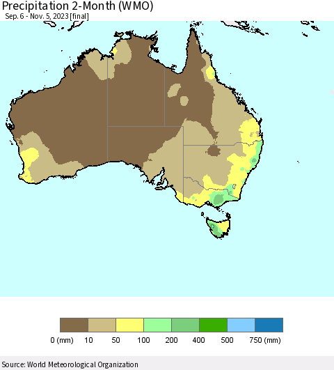 Australia Precipitation 2-Month (WMO) Thematic Map For 9/6/2023 - 11/5/2023