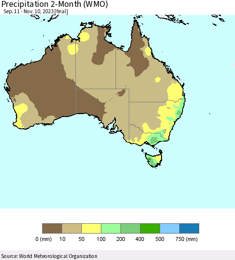 Australia Precipitation 2-Month (WMO) Thematic Map For 9/11/2023 - 11/10/2023