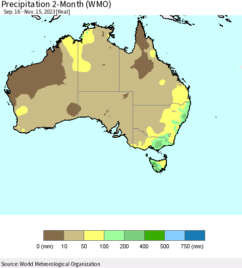 Australia Precipitation 2-Month (WMO) Thematic Map For 9/16/2023 - 11/15/2023