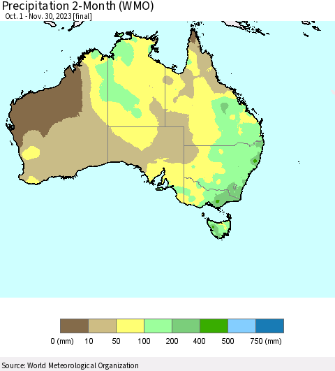 Australia Precipitation 2-Month (WMO) Thematic Map For 10/1/2023 - 11/30/2023