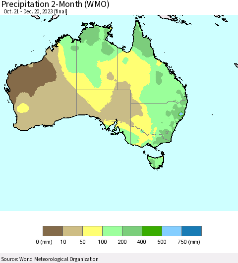 Australia Precipitation 2-Month (WMO) Thematic Map For 10/21/2023 - 12/20/2023