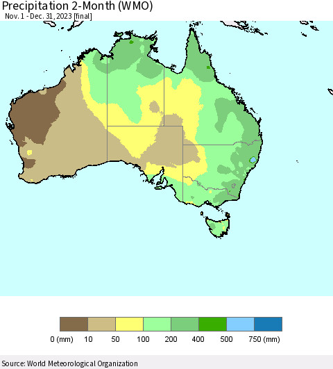 Australia Precipitation 2-Month (WMO) Thematic Map For 11/1/2023 - 12/31/2023