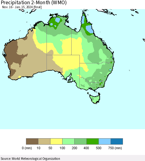 Australia Precipitation 2-Month (WMO) Thematic Map For 11/16/2023 - 1/15/2024