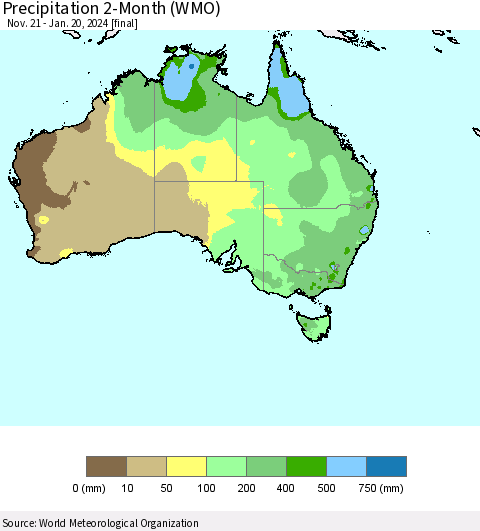 Australia Precipitation 2-Month (WMO) Thematic Map For 11/21/2023 - 1/20/2024