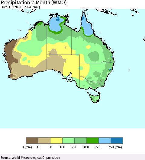 Australia Precipitation 2-Month (WMO) Thematic Map For 12/1/2023 - 1/31/2024