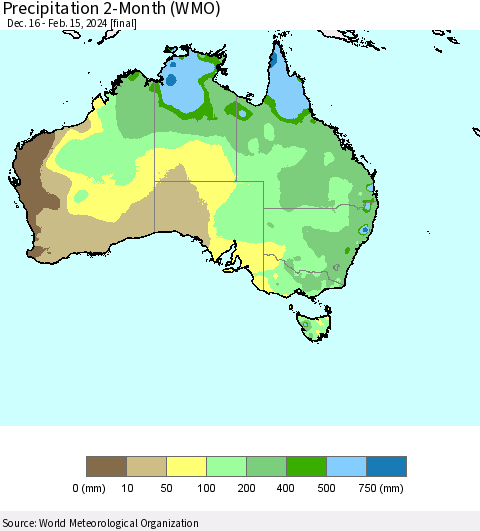 Australia Precipitation 2-Month (WMO) Thematic Map For 12/16/2023 - 2/15/2024