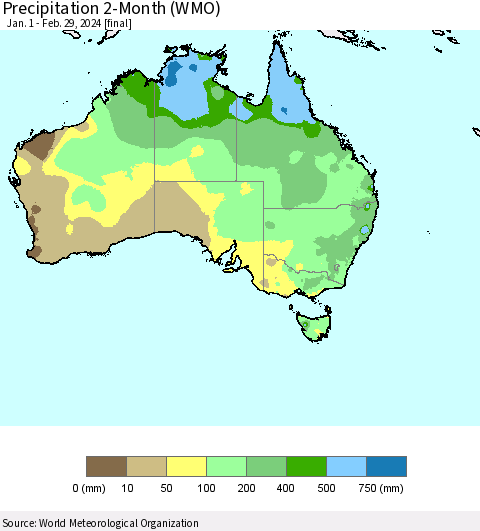 Australia Precipitation 2-Month (WMO) Thematic Map For 1/1/2024 - 2/29/2024