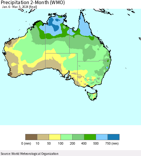 Australia Precipitation 2-Month (WMO) Thematic Map For 1/6/2024 - 3/5/2024