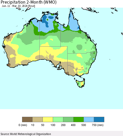 Australia Precipitation 2-Month (WMO) Thematic Map For 1/11/2024 - 3/10/2024