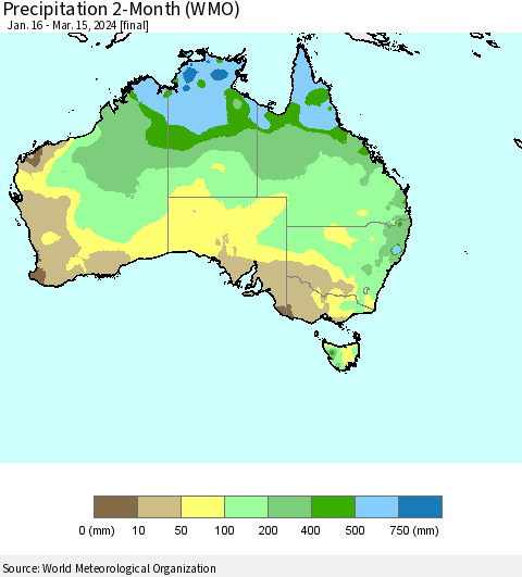 Australia Precipitation 2-Month (WMO) Thematic Map For 1/16/2024 - 3/15/2024