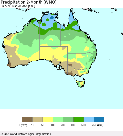 Australia Precipitation 2-Month (WMO) Thematic Map For 1/21/2024 - 3/20/2024