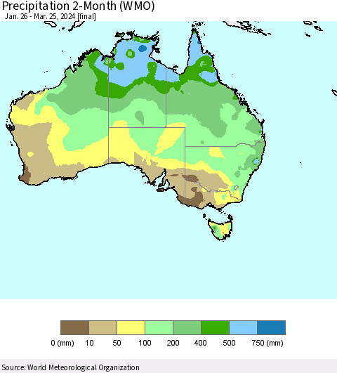 Australia Precipitation 2-Month (WMO) Thematic Map For 1/26/2024 - 3/25/2024