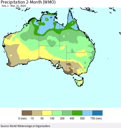 Australia Precipitation 2-Month (WMO) Thematic Map For 2/1/2024 - 3/31/2024