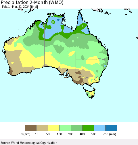 Australia Precipitation 2-Month (WMO) Thematic Map For 2/1/2024 - 3/31/2024