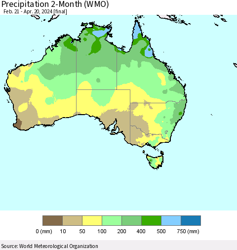 Australia Precipitation 2-Month (WMO) Thematic Map For 2/21/2024 - 4/20/2024