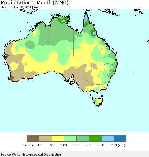 Australia Precipitation 2-Month (WMO) Thematic Map For 3/1/2024 - 4/30/2024