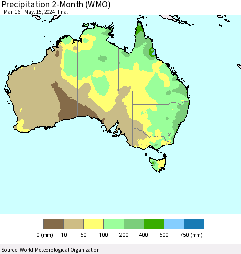 Australia Precipitation 2-Month (WMO) Thematic Map For 3/16/2024 - 5/15/2024