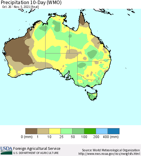 Australia Precipitation 10-Day (WMO) Thematic Map For 10/26/2021 - 11/5/2021
