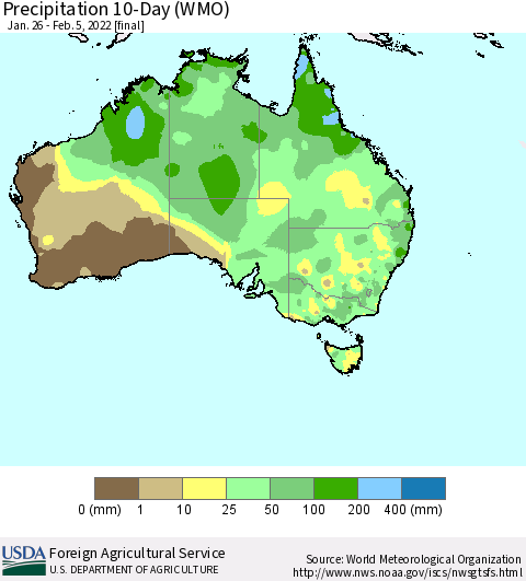 Australia Precipitation 10-Day (WMO) Thematic Map For 1/26/2022 - 2/5/2022