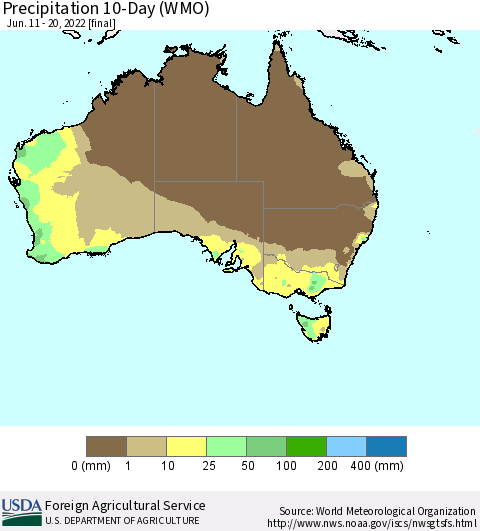 Australia Precipitation 10-Day (WMO) Thematic Map For 6/11/2022 - 6/20/2022