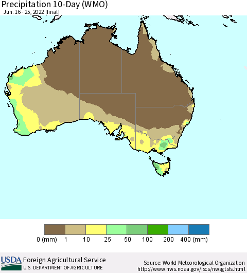 Australia Precipitation 10-Day (WMO) Thematic Map For 6/16/2022 - 6/25/2022