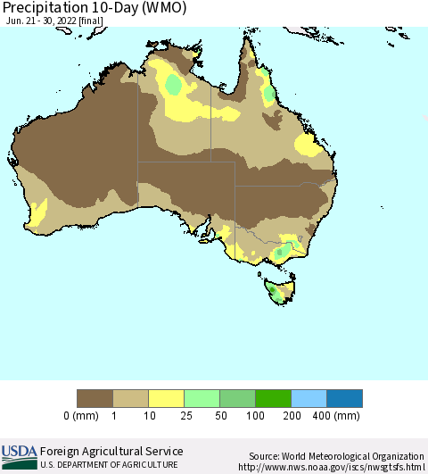 Australia Precipitation 10-Day (WMO) Thematic Map For 6/21/2022 - 6/30/2022