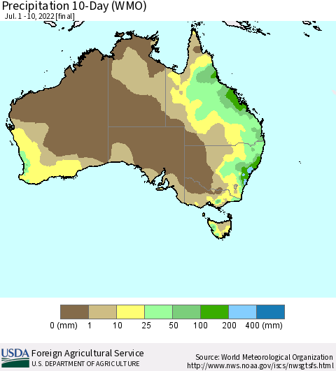 Australia Precipitation 10-Day (WMO) Thematic Map For 7/1/2022 - 7/10/2022