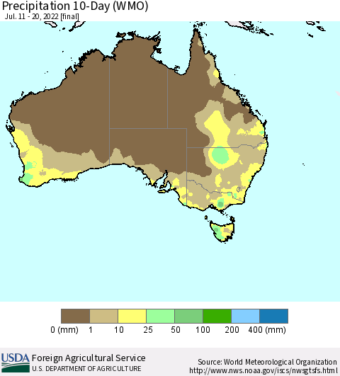Australia Precipitation 10-Day (WMO) Thematic Map For 7/11/2022 - 7/20/2022