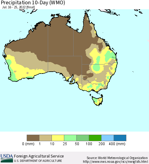 Australia Precipitation 10-Day (WMO) Thematic Map For 7/16/2022 - 7/25/2022