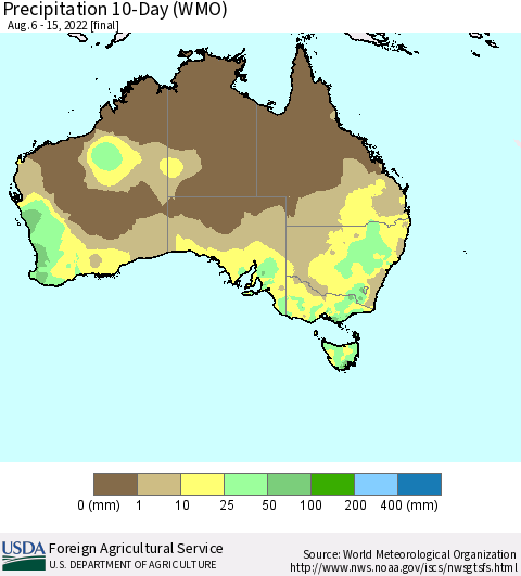 Australia Precipitation 10-Day (WMO) Thematic Map For 8/6/2022 - 8/15/2022