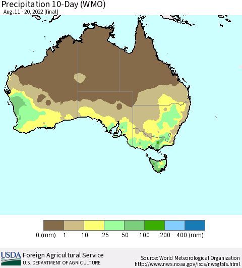 Australia Precipitation 10-Day (WMO) Thematic Map For 8/11/2022 - 8/20/2022