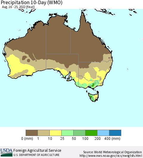 Australia Precipitation 10-Day (WMO) Thematic Map For 8/16/2022 - 8/25/2022