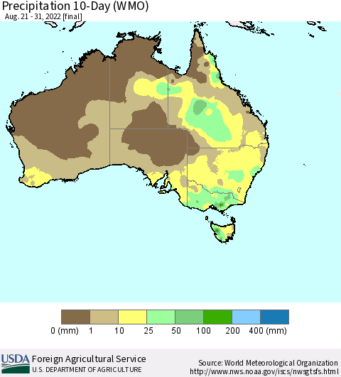 Australia Precipitation 10-Day (WMO) Thematic Map For 8/21/2022 - 8/31/2022