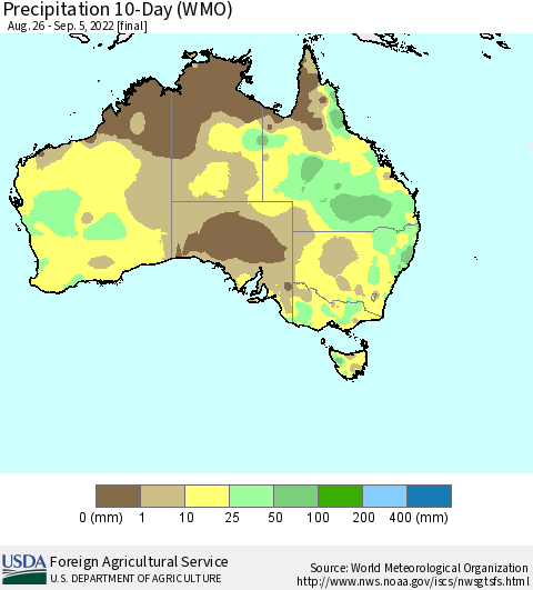 Australia Precipitation 10-Day (WMO) Thematic Map For 8/26/2022 - 9/5/2022