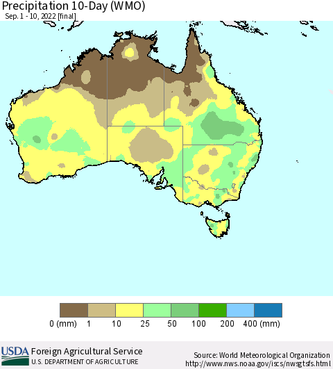 Australia Precipitation 10-Day (WMO) Thematic Map For 9/1/2022 - 9/10/2022