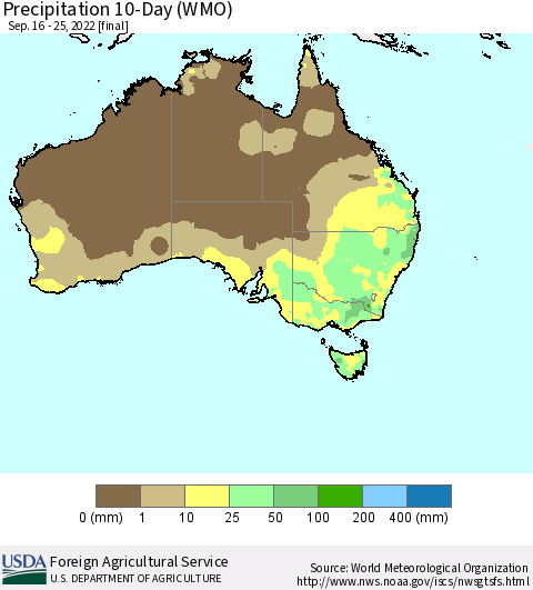 Australia Precipitation 10-Day (WMO) Thematic Map For 9/16/2022 - 9/25/2022