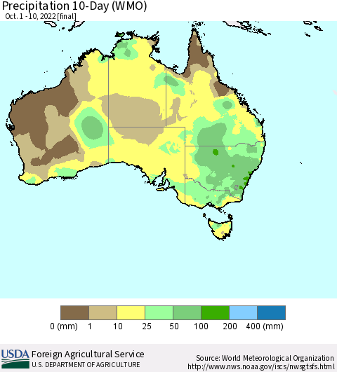 Australia Precipitation 10-Day (WMO) Thematic Map For 10/1/2022 - 10/10/2022
