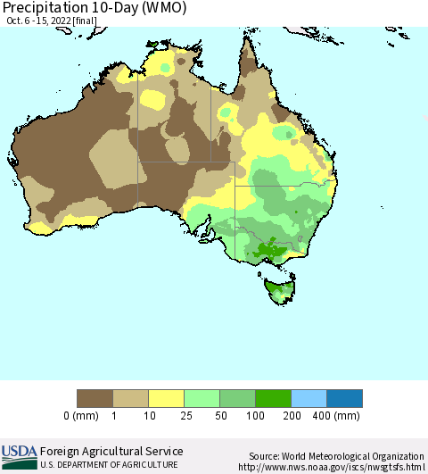 Australia Precipitation 10-Day (WMO) Thematic Map For 10/6/2022 - 10/15/2022