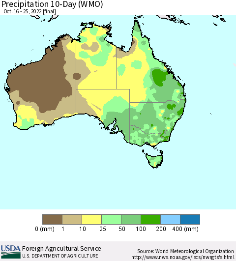 Australia Precipitation 10-Day (WMO) Thematic Map For 10/16/2022 - 10/25/2022
