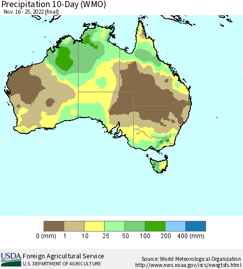 Australia Precipitation 10-Day (WMO) Thematic Map For 11/16/2022 - 11/25/2022