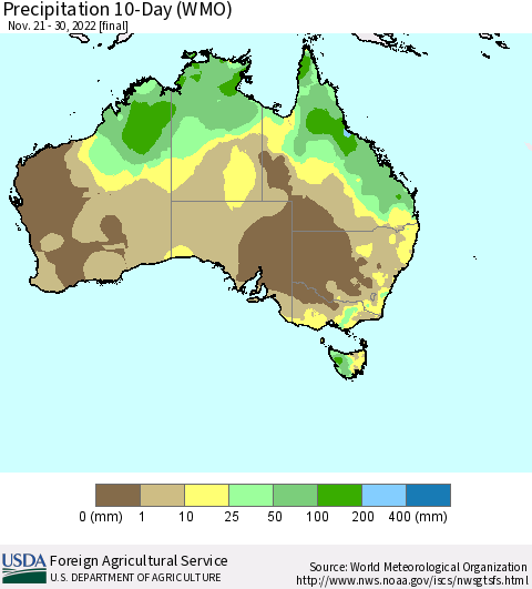 Australia Precipitation 10-Day (WMO) Thematic Map For 11/21/2022 - 11/30/2022