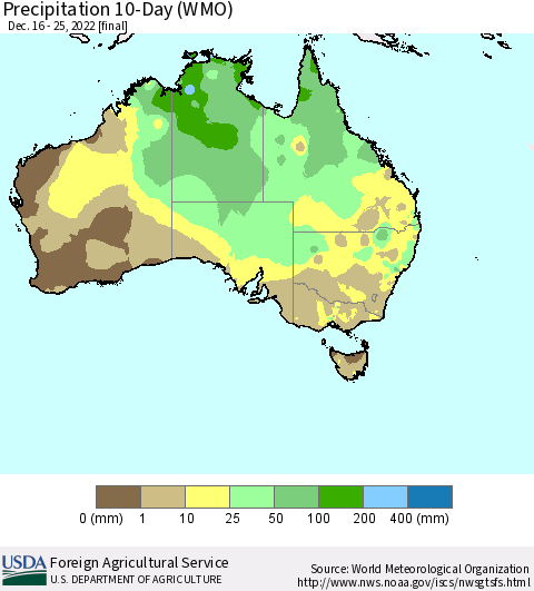 Australia Precipitation 10-Day (WMO) Thematic Map For 12/16/2022 - 12/25/2022