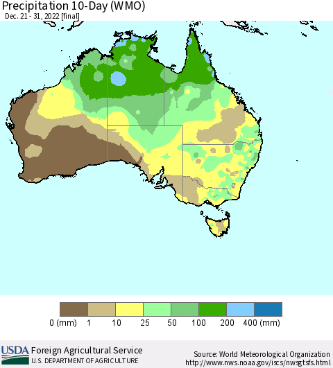 Australia Precipitation 10-Day (WMO) Thematic Map For 12/21/2022 - 12/31/2022