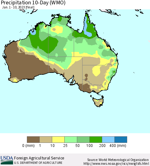 Australia Precipitation 10-Day (WMO) Thematic Map For 1/1/2023 - 1/10/2023