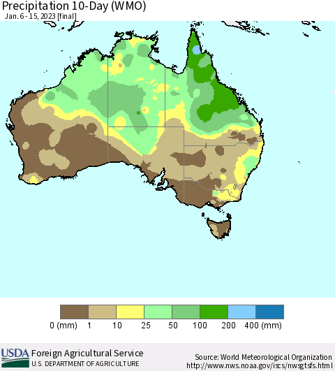 Australia Precipitation 10-Day (WMO) Thematic Map For 1/6/2023 - 1/15/2023