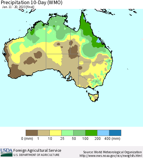 Australia Precipitation 10-Day (WMO) Thematic Map For 1/11/2023 - 1/20/2023