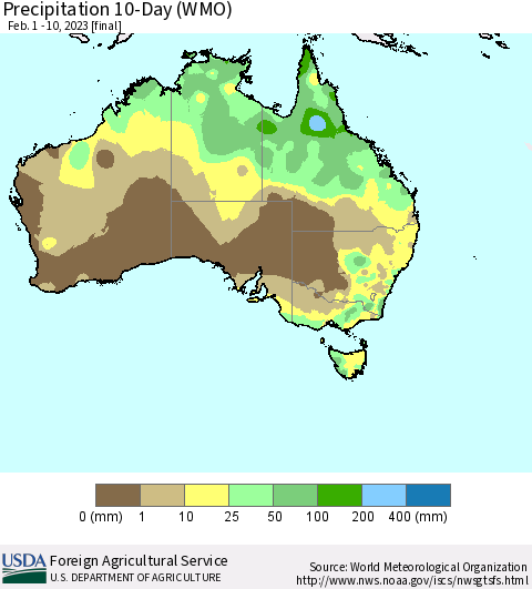 Australia Precipitation 10-Day (WMO) Thematic Map For 2/1/2023 - 2/10/2023