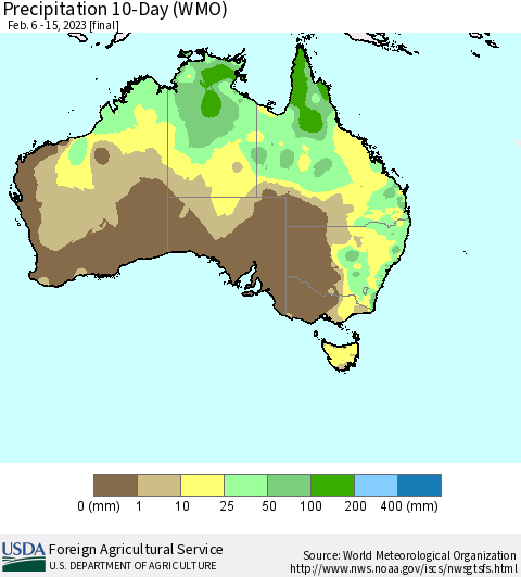 Australia Precipitation 10-Day (WMO) Thematic Map For 2/6/2023 - 2/15/2023