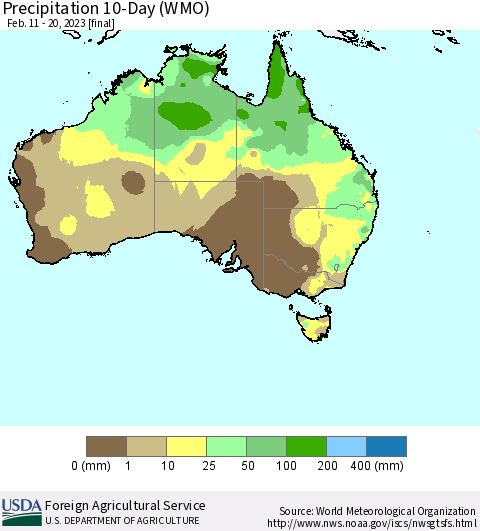 Australia Precipitation 10-Day (WMO) Thematic Map For 2/11/2023 - 2/20/2023